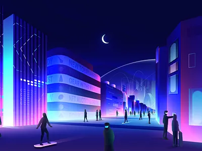 Downtown blockchain community cyberpunk defi futuristic games gradient illustration market metaverse neon web3