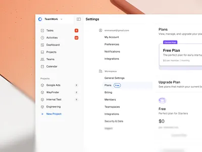 Settings — Plans Page activity analytics app clean dashboard design desktop kit pricing profile saas settings side bar task timeline ui ui design web web app