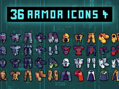 Pixel Armor 32×32 Icons for Cyberpunk Game 2d 32x32 asset assets cyberpunk game game assets gamedev icon icons illustration indie indie game pixel pixelart pixelated rpg set