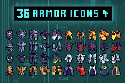 Pixel Armor 32×32 Icons for Cyberpunk Game 2d 32x32 asset assets cyberpunk game game assets gamedev icon icons illustration indie indie game pixel pixelart pixelated rpg set