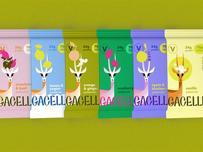 Gacelle's Flavorful Lineup branding food package fruit flavor graphic design illustration lettering logo logo design logotype package packaging protein bar typography vector