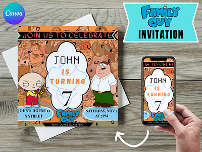 FAMILY GUY BIRTHDAY INVITATION TEMPLATE 3d animation branding canva editable etsy family guy graphic design gumroad invitation card invitation card design invitation card template logo motion graphics ui vector