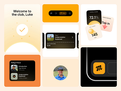 Mustard - Golf Swing Analysis App animation bento grid branding fitness golf illustration minimal motion navigation product design slides sport ui widgets