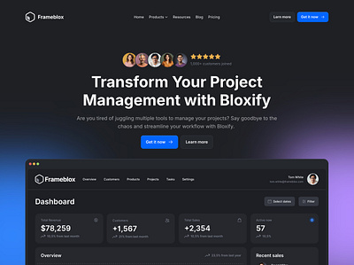 Dark Landing Hero Section for Framer - Frameblox UI avatars blue browser clean cta dark framer header hero landing mockup purple rating review saas social proof ui webdesign website