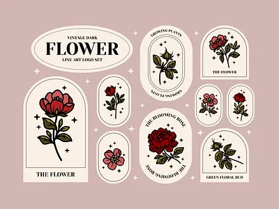 Vintage Dark Flower Line Art Logo Set beauty botanical branding floral flower illustration flowers graphic design graphics hand drawn illustration labels line art logo natural renaissance retro stickers vector vintage visual identity