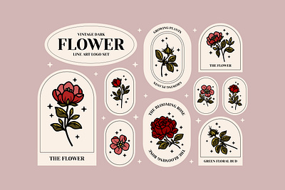 Vintage Dark Flower Line Art Logo Set beauty botanical branding floral flower illustration flowers graphic design graphics hand drawn illustration labels line art logo natural renaissance retro stickers vector vintage visual identity