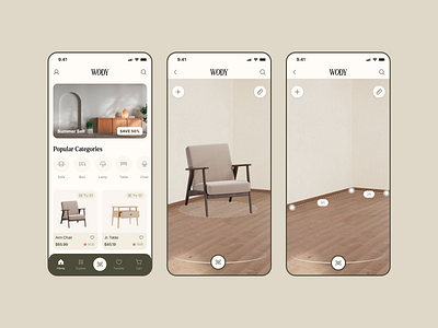 WODY Furniture App with AR app ar card chair clean design decor ecommerce furniture furniture app home screen minimal design navbar scan shopping ui ux vr