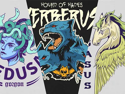Mythical Creatures Bundle apparel design art artwork cerberus clothing design illustration medusa mythical creatures pegasus t shirt design