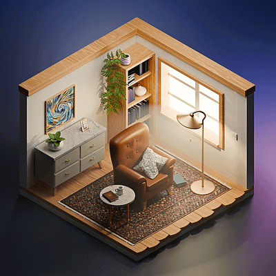 Reading nook 3d blender books carpet chair cozy illustration isometric library living room plant