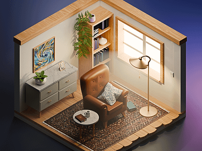 Reading nook 3d blender books carpet chair cozy illustration isometric library living room plant