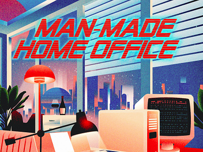 Man-Made Home Office - Retrofuturistic 1980s futuristic home office illustration remote work retrofuturistic vintage