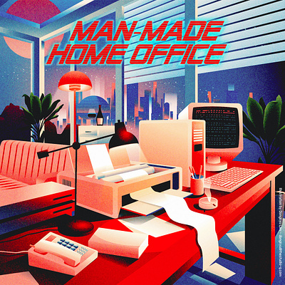 Man-Made Home Office - Retrofuturistic 1980s futuristic home office illustration remote work retrofuturistic vintage