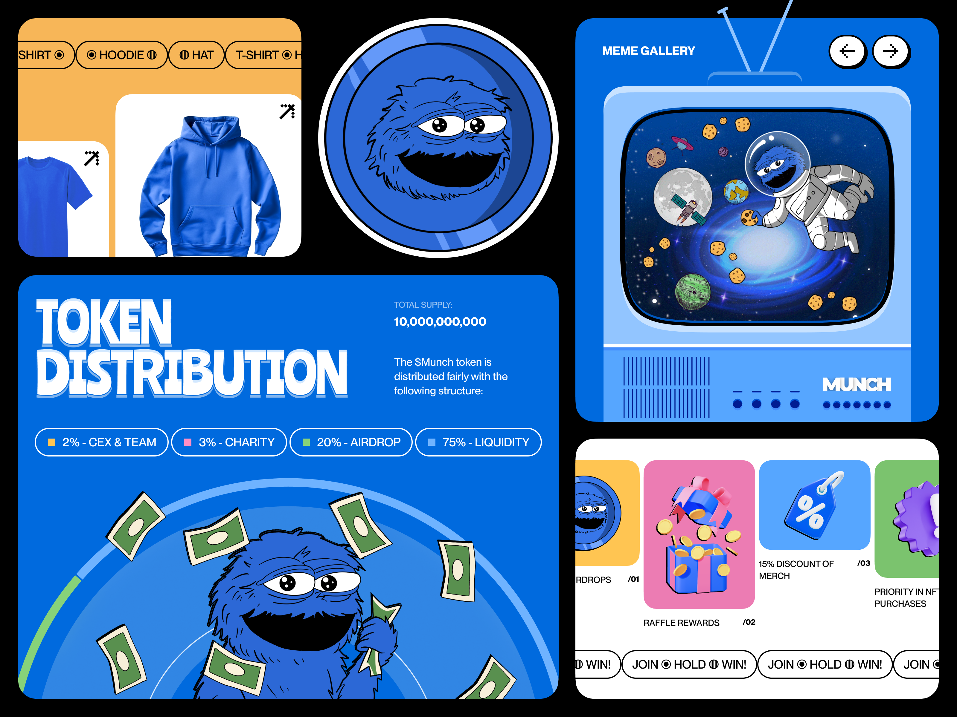Munch Coin. Crypto Landing Page bento bento grid bento ui bot coin contact fun gallery grid homepage landing meme merch nft playful reward token token distribution ui website