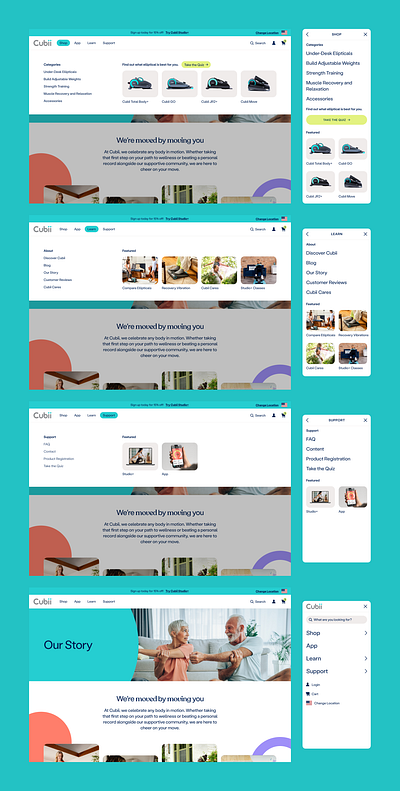 Cubii Navigation about active branding elderly elliptical exercise graphic design health learn logo navigation nutrition playful products quiz shop support ui ux wellness