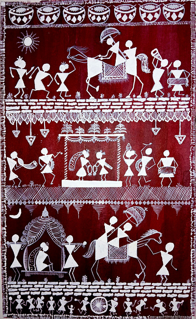 Warli Art drawing festival folkart indian maroon marriage painting red rich royal storytelling tribalart villagelife warli art white