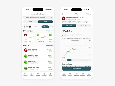 Finance Investment App Concept: ETF Search and Product Detail charts design filter finance investment prod product search stocks tab bar ui user interface