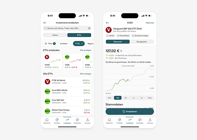 Finance Investment App Concept: ETF Search and Product Detail charts design filter finance investment prod product search stocks tab bar ui user interface