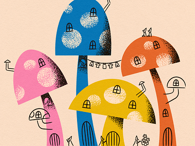 Vectober 22 // Village fairy fairytale illustration line art mushroom storybook texture village