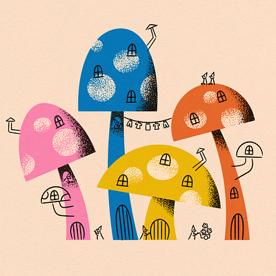 Vectober 22 // Village fairy fairytale illustration line art mushroom storybook texture village