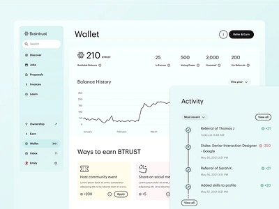 Braintrust's $BTRST token cryptocurrency wallet design activity history braintrust btrst community crypto crypto wallet cryptocurrency financial growth design platform product design refer and earn referral rewards token ui wallet web3 web3 platform web3 wallet