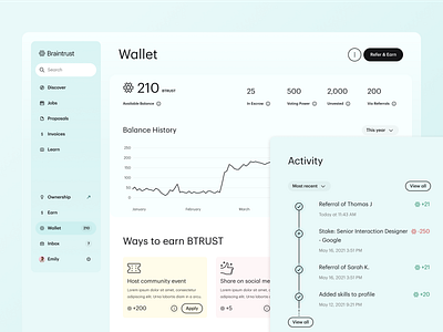 Braintrust's $BTRST token cryptocurrency wallet design activity history braintrust btrst community crypto crypto wallet cryptocurrency financial growth design platform product design refer and earn referral rewards token ui wallet web3 web3 platform web3 wallet