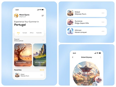 Travel App Design adventure app travel booking booking app card clean concept culture design minimalist mobile mobile app profile sajon tour guide travel travel app ui ux vacation