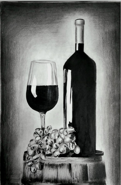 Charcolpencil Drawing blackandwhite bottle charcol drawing glass grapes paper pencil shadow wine