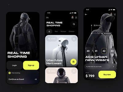 Futuristic Shopping App UI Concept app design app ui cart clothing clothing store e commerce app minimal design mobile app mobile ui online shopping online store ordering app real time shopping shop shopping app store ui ux