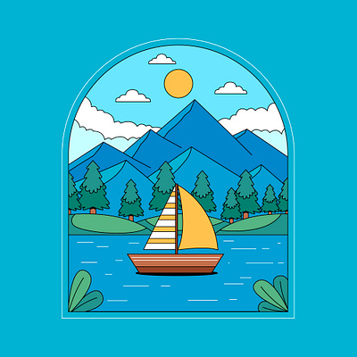 Sailing boat with mountain background badge adventure badge badgemsailing boat branding cartoon character colorful cute design drawn forest graphic design illustration logo mountain nature ui