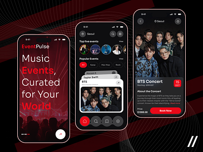 AI Music Event Mobile App Design ai app design app ui artificial intelligence booking app clean dark mode dark ui design event app events app graphic design mobile app mobile app design mobile design mobile event app mobile ui party app ticket app uiux