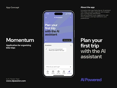 AI-powered Bike App Concept Key Features ai aiassistant appdesign appdevelopment appfeatures bikeapp biketrips designinspiration figma interactiondesign journeyplanner mobile mobileappdesign productdesign travel uidesign uiux userexperience userinterface uxdesign