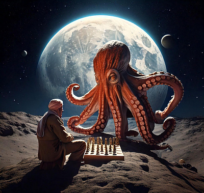 Giant octopus playing chess with a man prompt