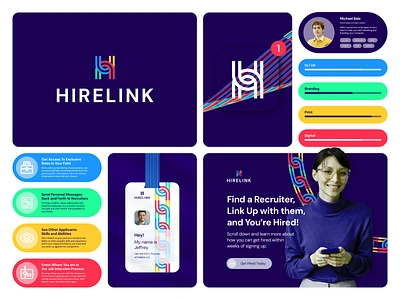 Hirelink Visual Identity behance blue branding branding and identity color palette colorful design dribbble freelancer graphic design green hire identity logo logo design minimal modern navy simple yellow