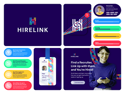 Hirelink Visual Identity behance blue branding branding and identity color palette colorful design dribbble freelancer graphic design green hire identity logo logo design minimal modern navy simple yellow