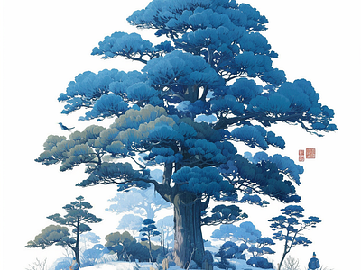 Serene Blue Pine in a Tranquil Landscape artofnature asianinspiration bluepinetree calmingnature chineseart etherealart graphic design landscapepainting minimalistart natureillustration naturelovers peacefullandscape pinetreeart scenicview traditionallandscape tranquilscene