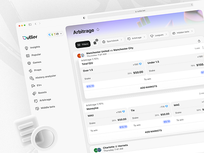 Outlier: Arbitrage & Middle Bets app bet betting clean data design desktop gambling interface light mobile modern outlier product design sports ui user interface ux web web design