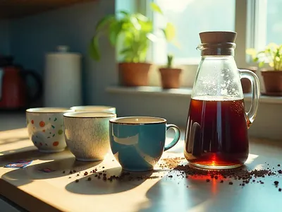 Coffee ai image background coffee coffee cups graphic design home image kitchen kitchen table lots of cups messy look wallpaper