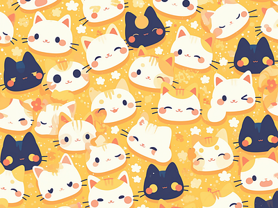 Kitten Pattern animatedstyle cartoonish catlovers charming childrensdesign cozyvibes cuteanimals funnycats happyvibes joyfulart kawaii kittenfaces pastelcolors petlovers playfulpattern seamlesspattern softillustration sweetdesign whimsicaldesign yellowbackground