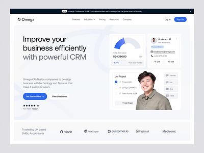 Omega - CRM Hero Section analytics animation b2b clean crm dipa inhouse finance financial financial service fintech fintech design landing page modern saas sales startup ui design uiux web design website