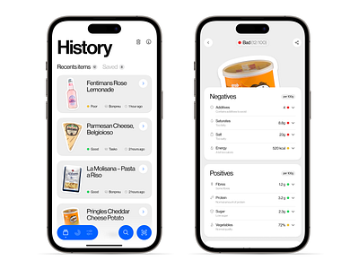 food quality checker animation app bottom bar cards history icons interaction ios mockup search status tabs tag ui