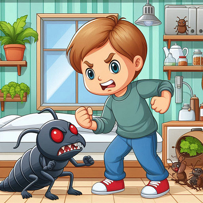 Boy fighting with pest in home graphic design illustration ui