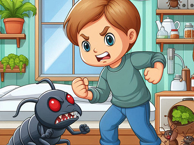 Boy fighting with pest in home graphic design illustration ui