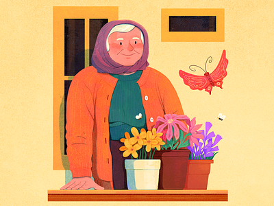 A Gentle Morning character flower grandma grandmother illustration life love old people sweet uran warm woman