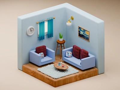 Van Gogh's Lounge - 3D cute living room 3d artwork cute room illustration living room starry night