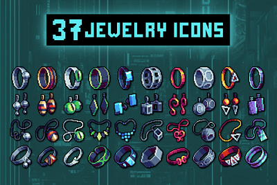 Jewelry 32×32 Pixel Icons for Cyberpunk Game 2d 32x32 art asset assets cyberpunk game game assets gamedev icon icons illustration indie indie game pixel pixelart pixelated ring set ui