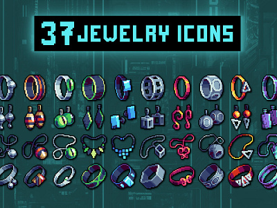 Jewelry 32×32 Pixel Icons for Cyberpunk Game 2d 32x32 art asset assets cyberpunk game game assets gamedev icon icons illustration indie indie game pixel pixelart pixelated ring set ui