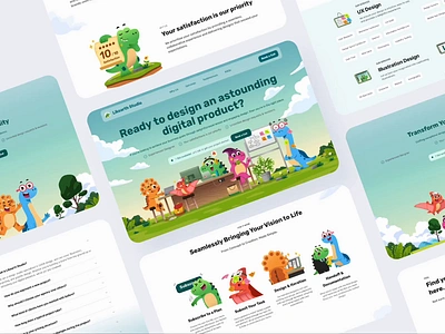 Likearth Studio Landing Page character cloud design agency design studio dino dinosaurs green illustration landing page landscape mascot sky ui ui design web design