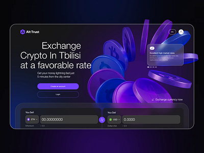 Alt Trust Exchange 3d 3d animation animation bitcoin crypto currency crypto exchange eth glass 3d ui usdc usdt ux web design web3