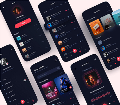 Odeo - A Podcast App🎙 android audio console dark mode dark theme illumination ios mobile app modern ui music podcast streaming ui ui cards