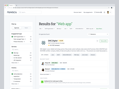 Agency and Talent - Search optimizing processes agency app cards clean component design developers filter filter dropdown freelancer list search select talent ui user interface ux